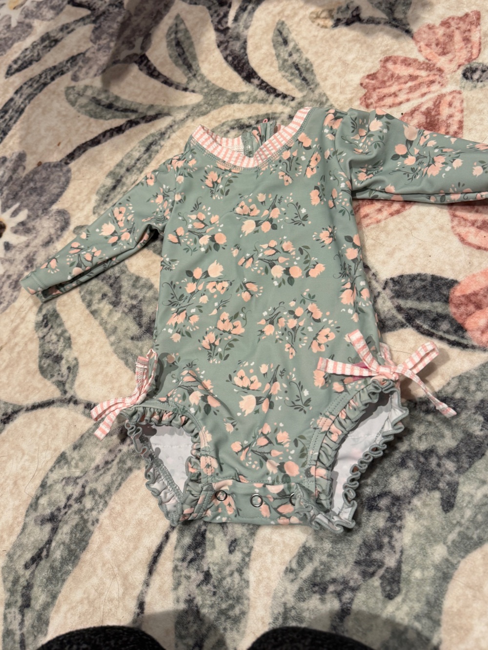 RuffleButts Mint Green and Pink Floral Swim rashgaurd 3-6 months
